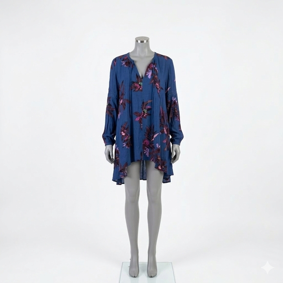 Free People Dresses & Skirts - Free People Tree Swing Blue Floral Tunin Boho Hig Low Mini Dress Size S